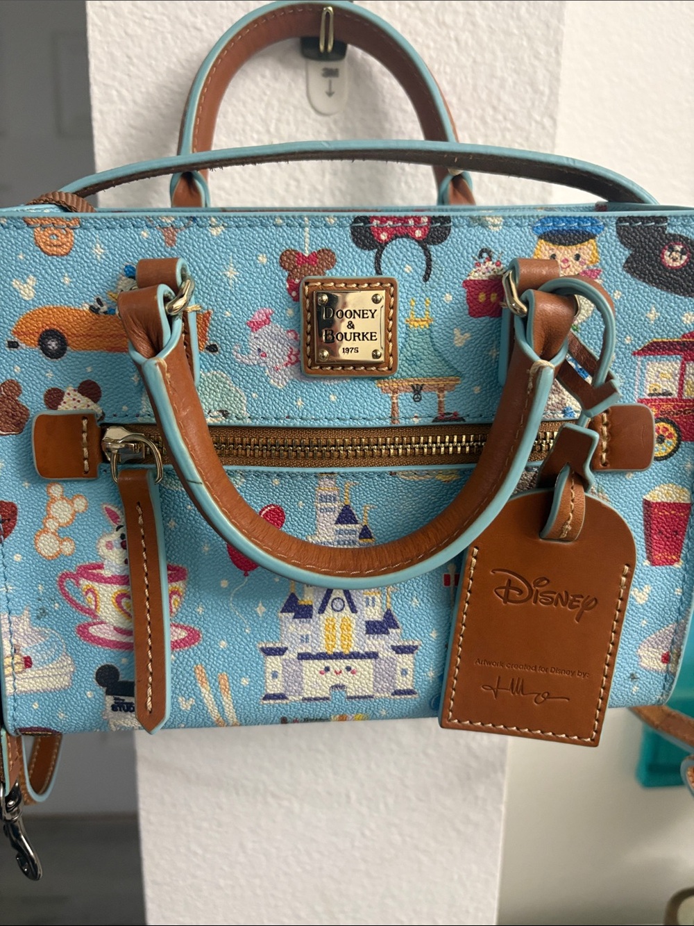 Dooney & Bourke Light Blue Disney Printed Satchel with Tan Trim